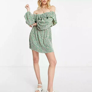 ASOS green floral mini off shoulder tapered dress